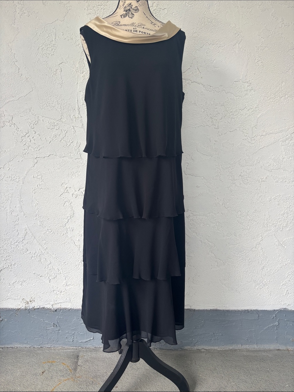 Black Tiered Midi Dress with Gold Collar
